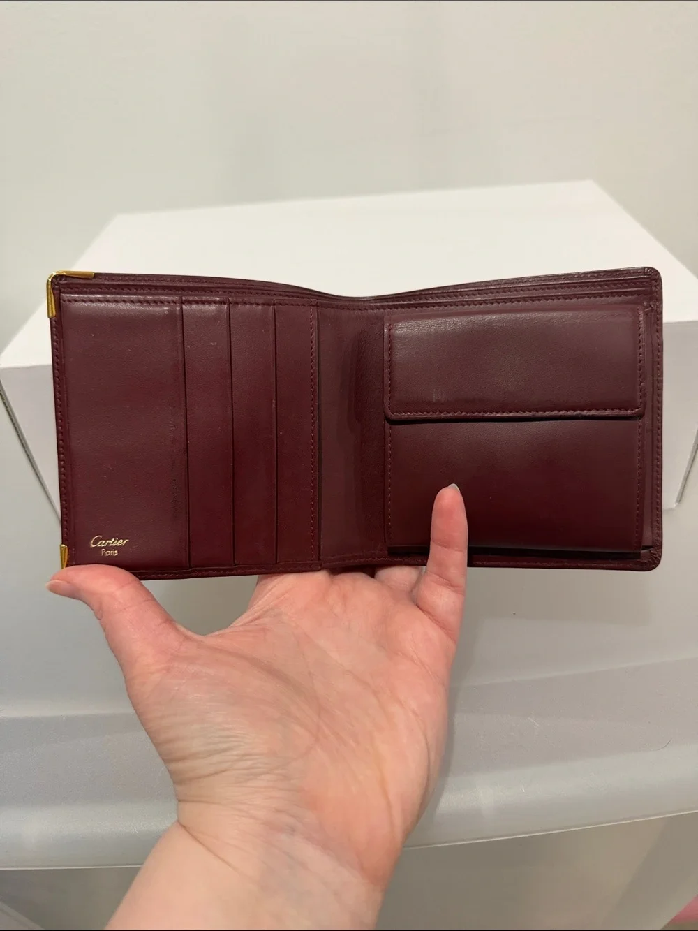 Cartier Must de Cartier Leather Bifold Wallet in Burgundy with Gold Corners